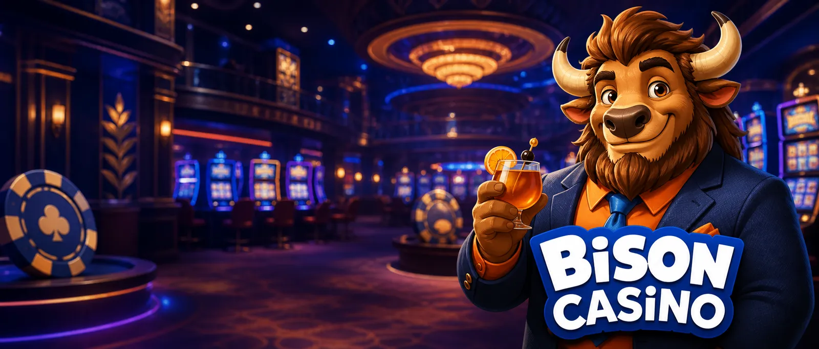 BISON CASINO banner with cartoon bison mascot in blue jacket, holding a drink, casino style background, logo on right.